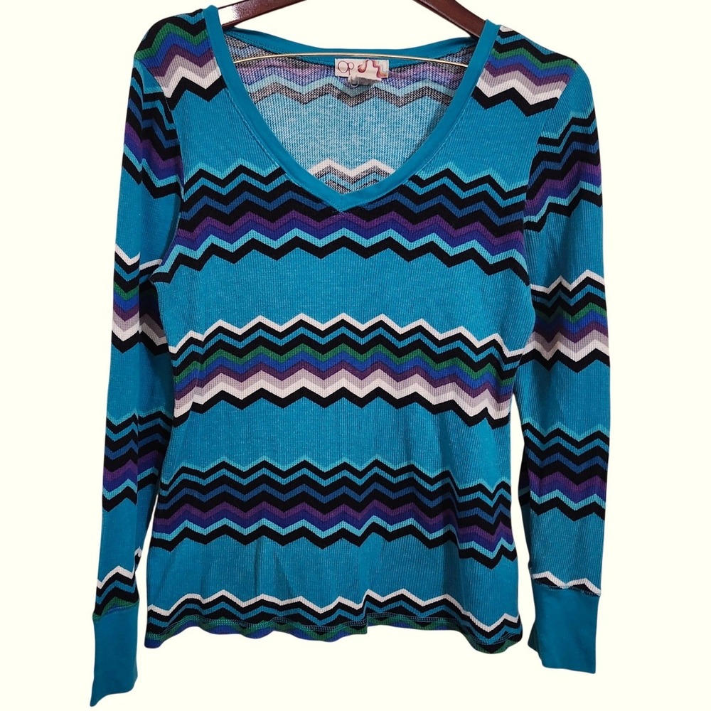 Op Chevron Waffle Knit Top Womens XL Blue Purple Long Sleeve V-Neck Thermal Soft